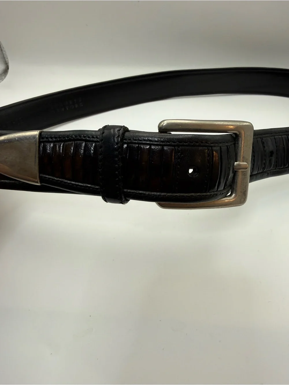 Barneys New York Black Brown Leather Belt Men’s 32 Textured Inlay Silver Buckle